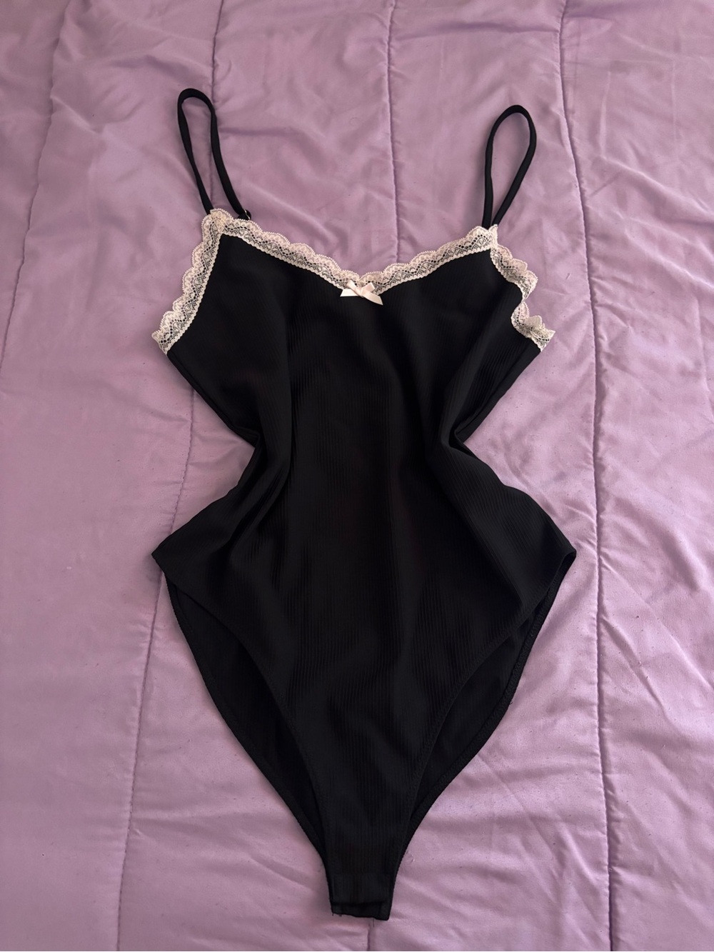 Edikted Black Lace-Trim Ribbed Bodysuit